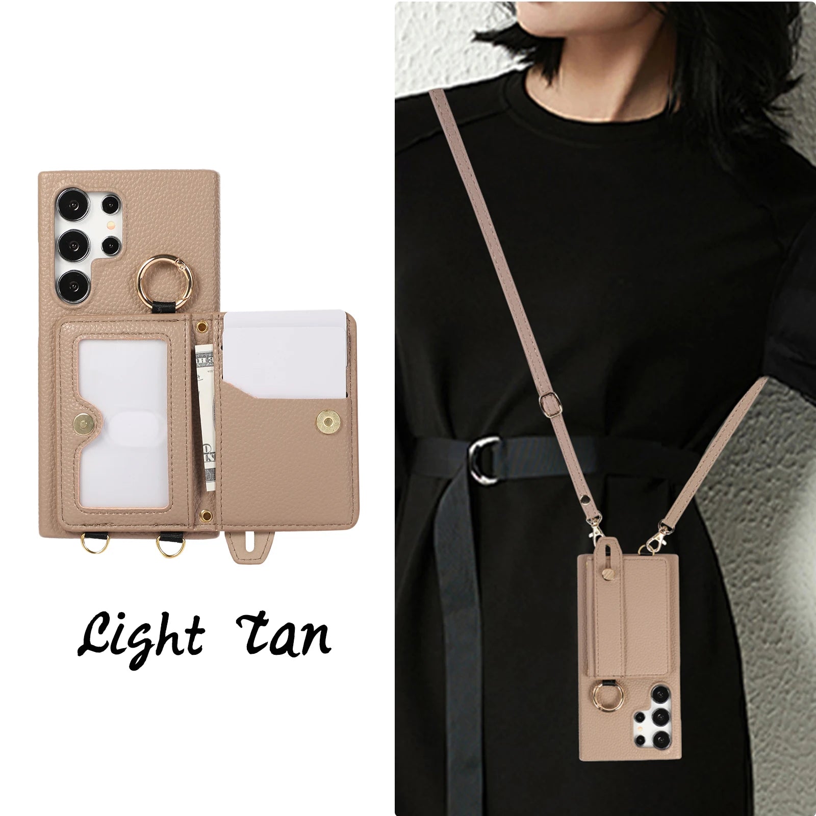 Wrist Strap Crossbody Leather Wallet Case with Ring Holder for Samsung Galaxy S23 Series