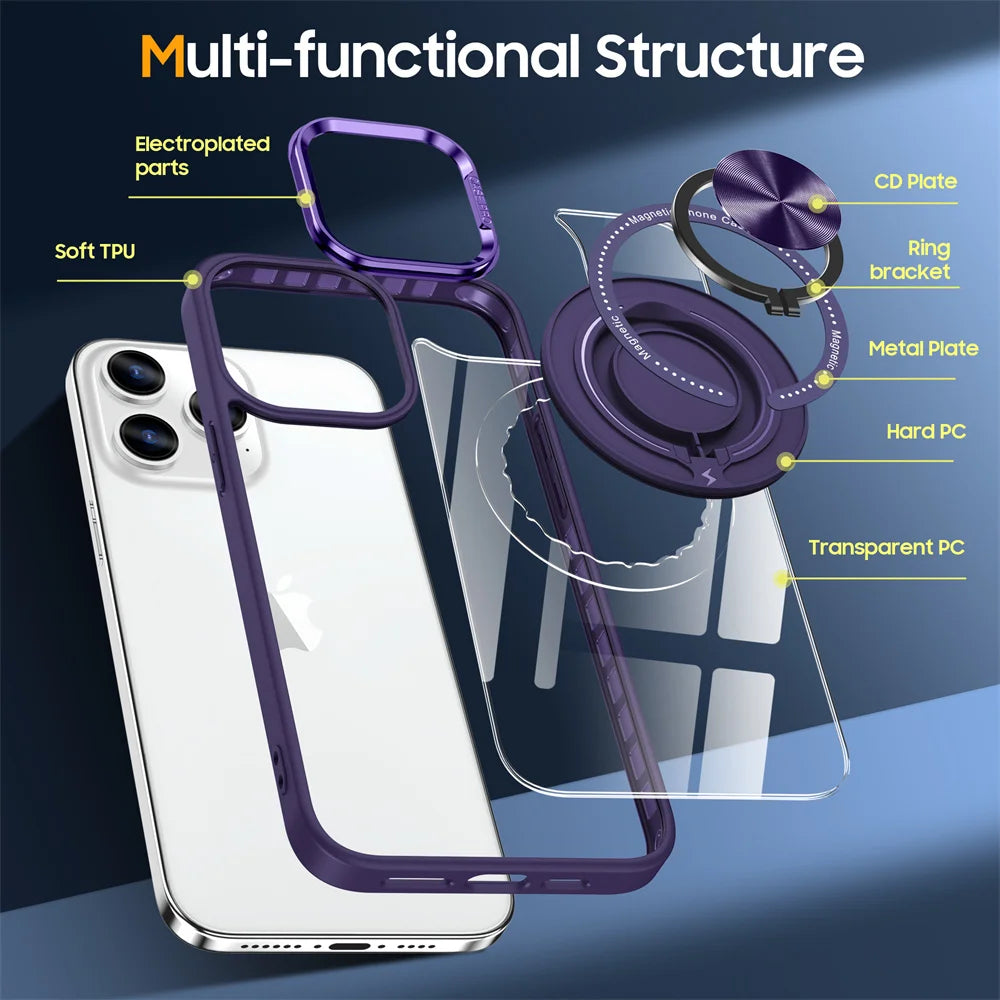 Crystal Clear Magnetic Case with Ring Stand for iPhone 15 Series