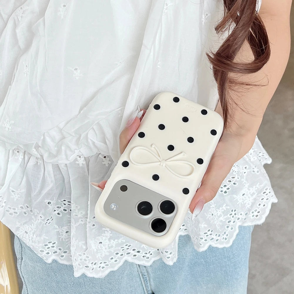 3D Black Polka Dot Bow Silicone Case for iPhone 17 Series