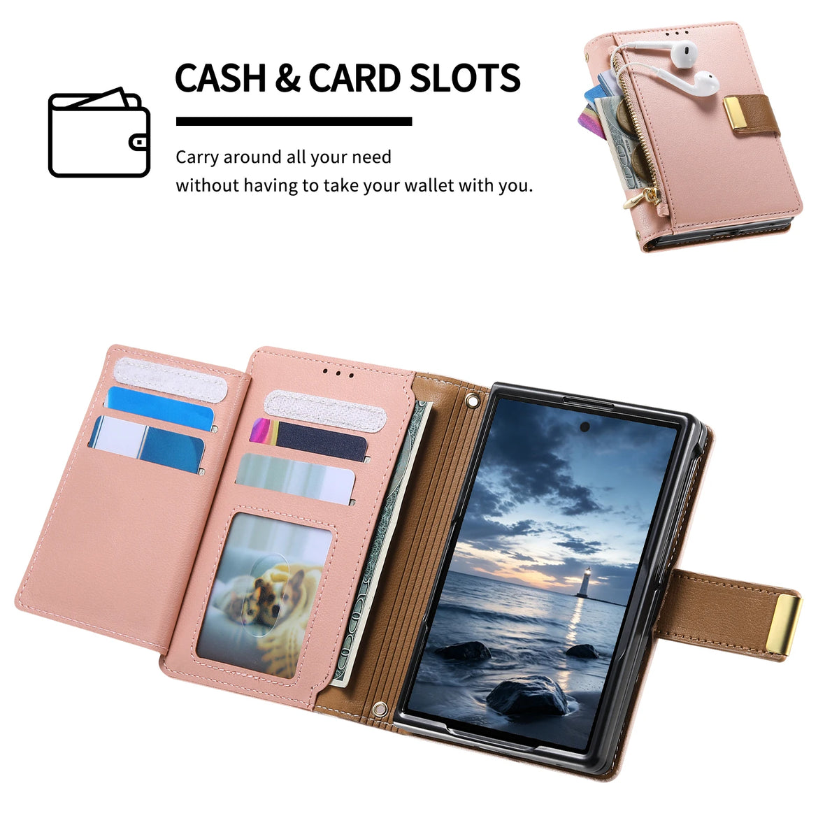Vegan Leather 4-Card Kickstand Wallet Case with Zippered Coin Pocket for iPhone Duo