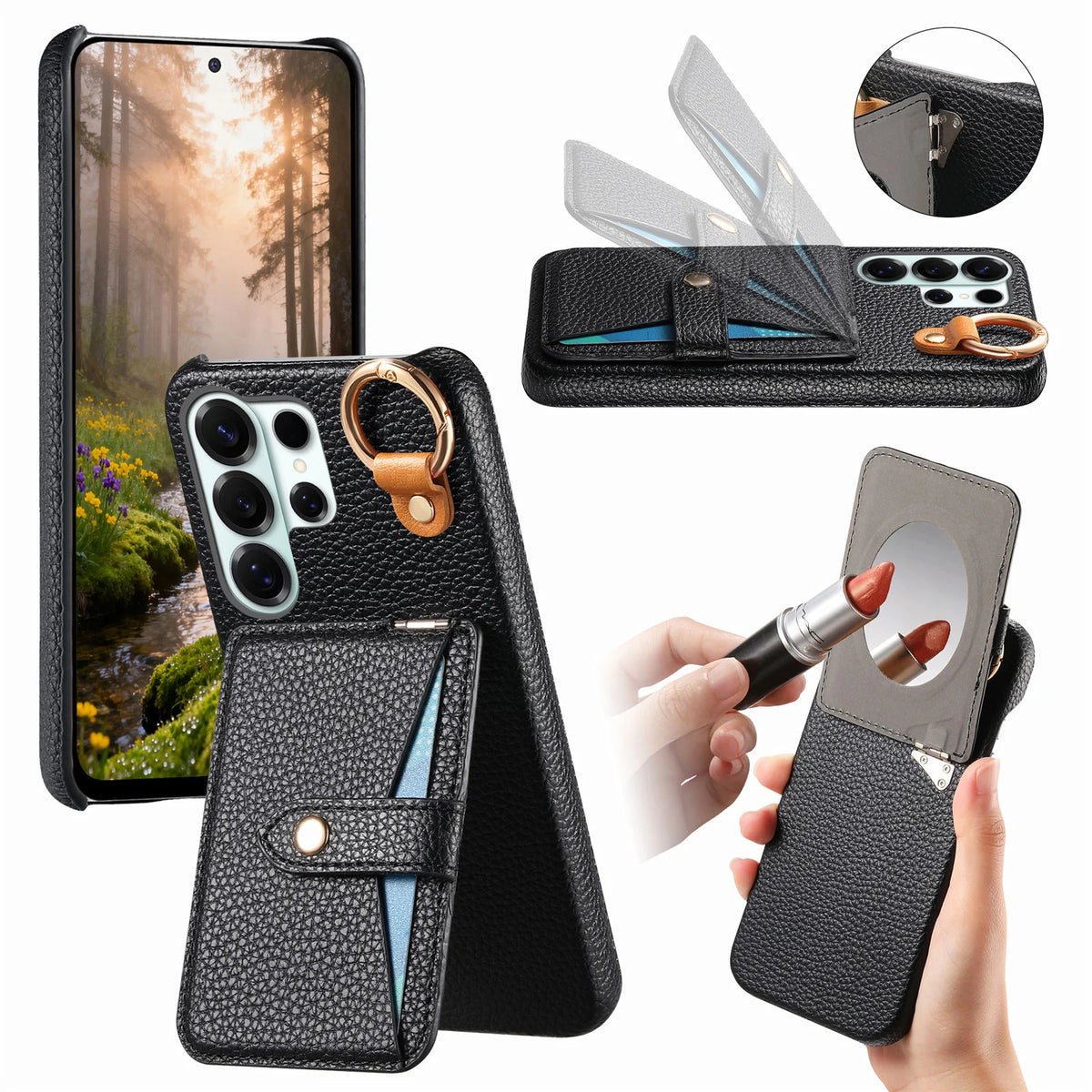 Pebbled Leather Ring Holder Case with  Makeup Mirror for Samsung Galaxy S22 Series