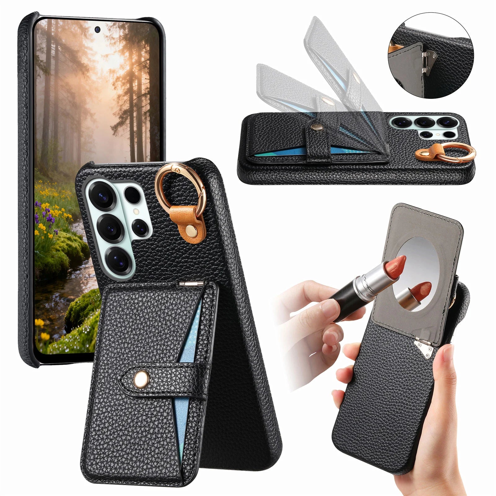 Grain Leather Flip Case with Built-In Makeup Mirror and Ring Holder for Samsung Galaxy S25 Series