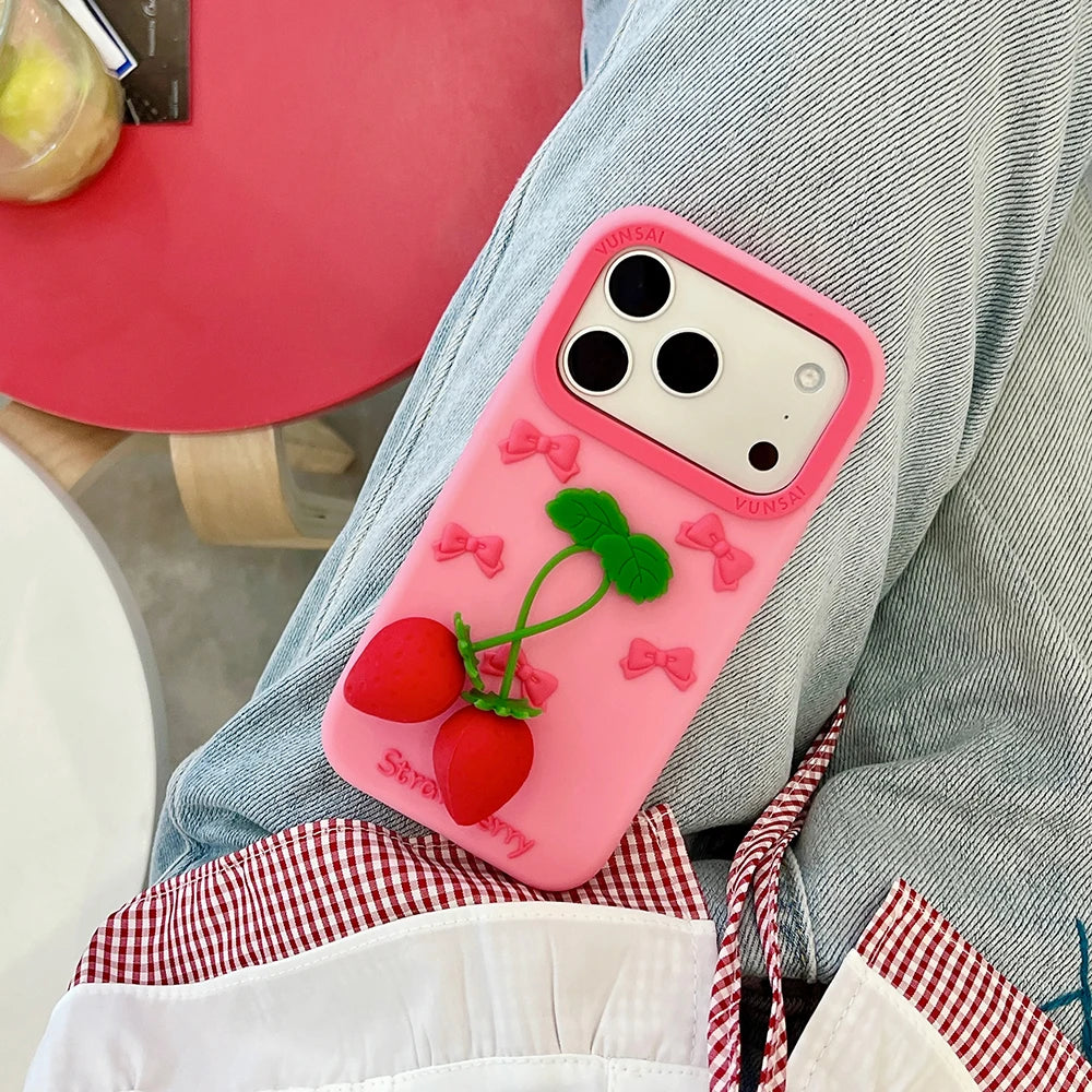 3D Strawberry Bow Silicone Case for iPhone 17 Series