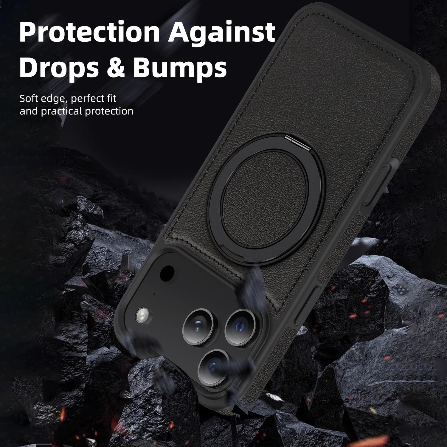 Premium Leather MagSafe Case for iPhone 17 Series with 360° Rotating Ring Stand