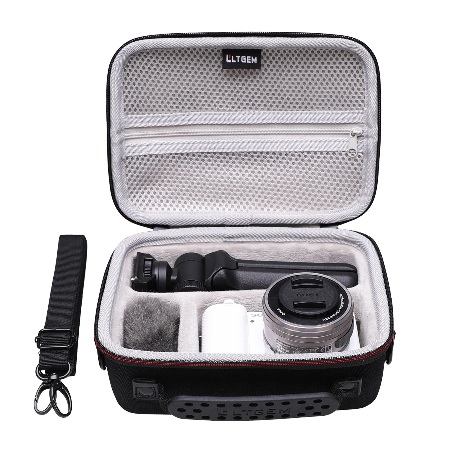 Black carrying case with a camera and accessories on a white background