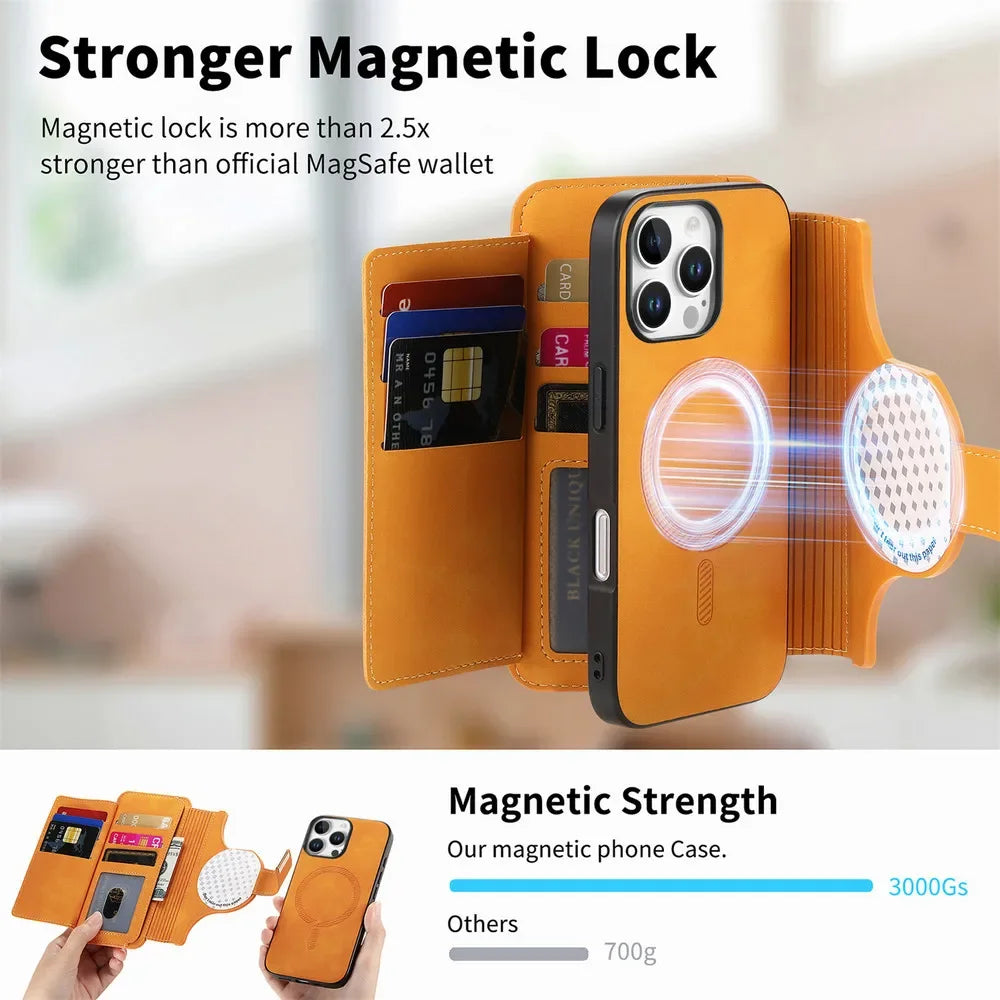 Leather Zipper Wallet Case with Detachable Magnetic Wallet for iPhone 16 Series