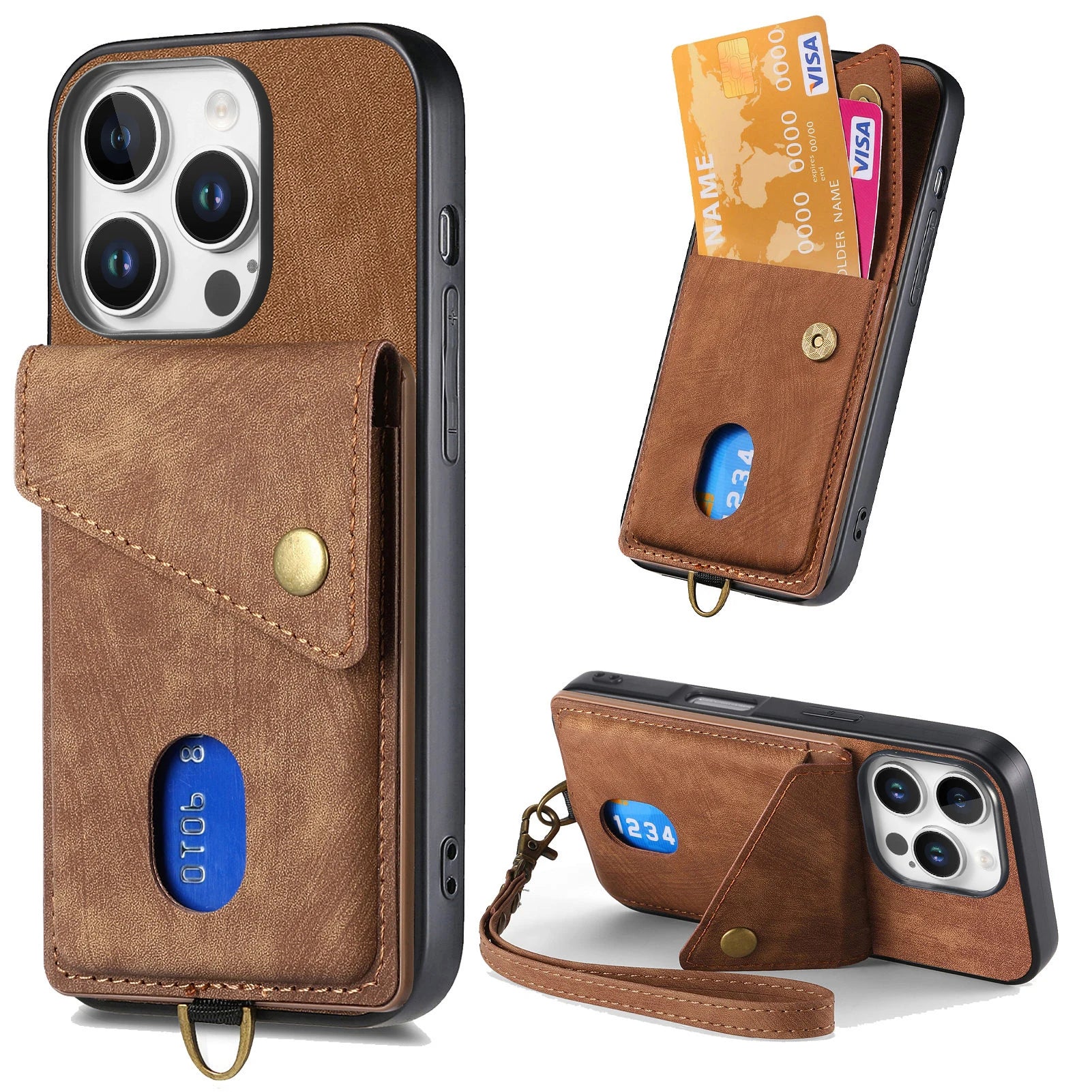 Shockproof Leather Wallet Case with Kickstand & Card Holder for iPhone 16 Series
