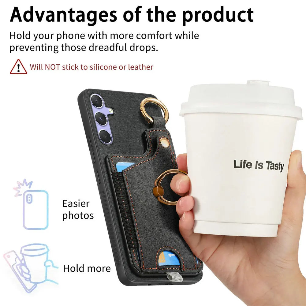Leather Card Holder Case with 360° Rotating Ring Kickstand for Samsung Galaxy S26 Series