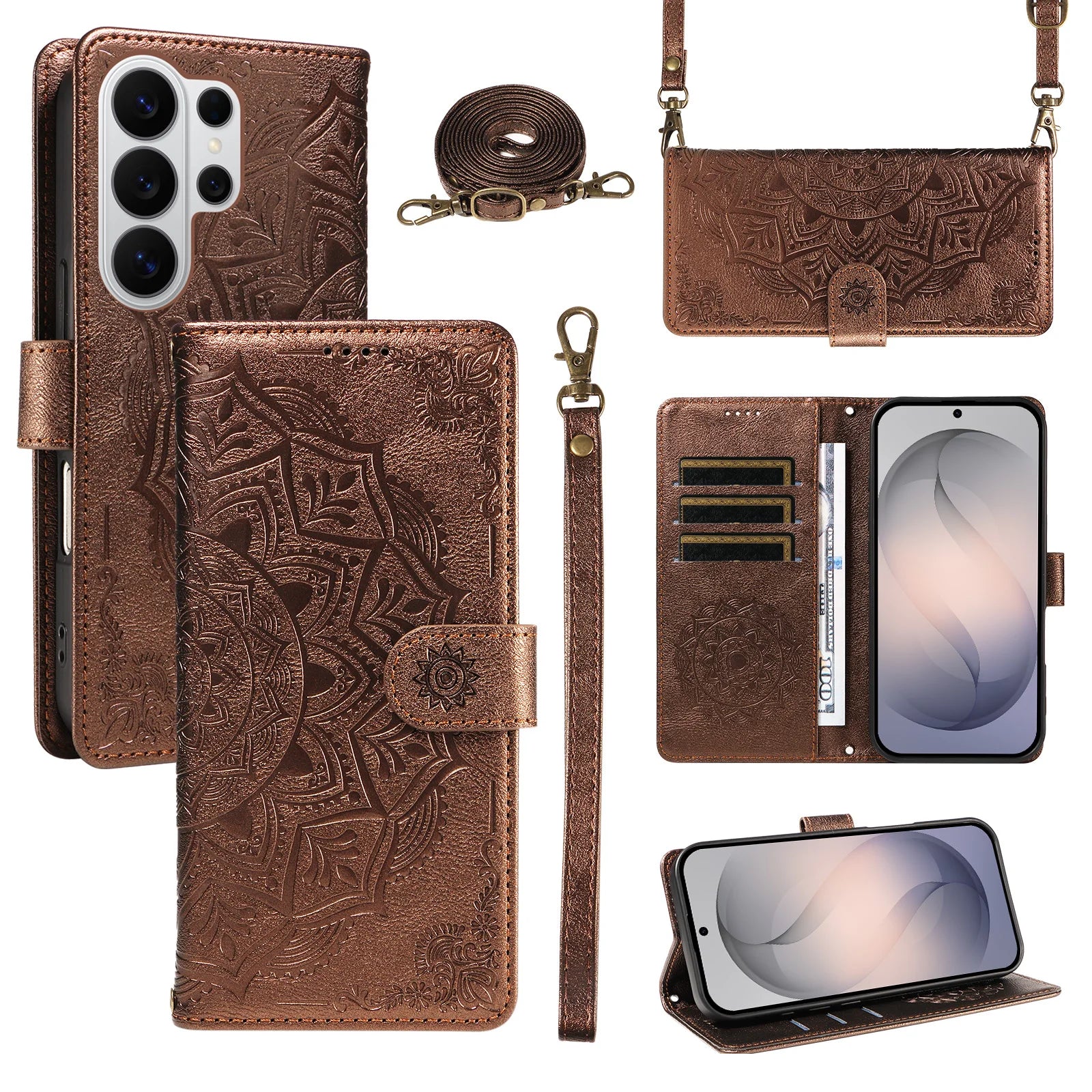 Embossed Mandala Crossbody Leather Wallet Case for Samsung S26 Series