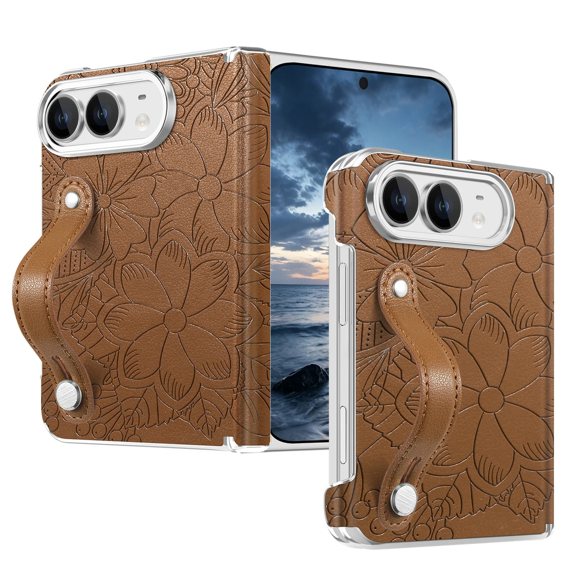 Embossed Floral Leather Case with Wrist Strap and Hinge Protection for iPhone Duo