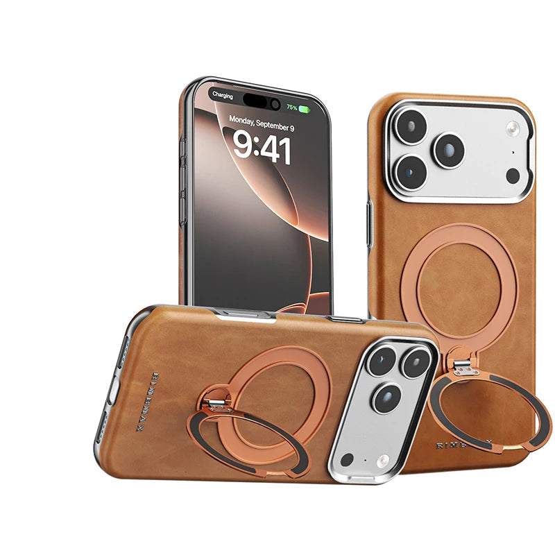 Shockproof Leather MagSafe Case with 360° Rotating Kickstand Ring for iPhone 18 Series