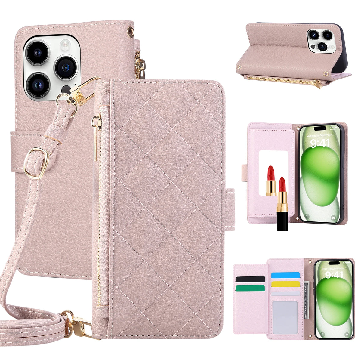 Crossbody Leather Wallet Case with Card Holder for iPhone 16 Series