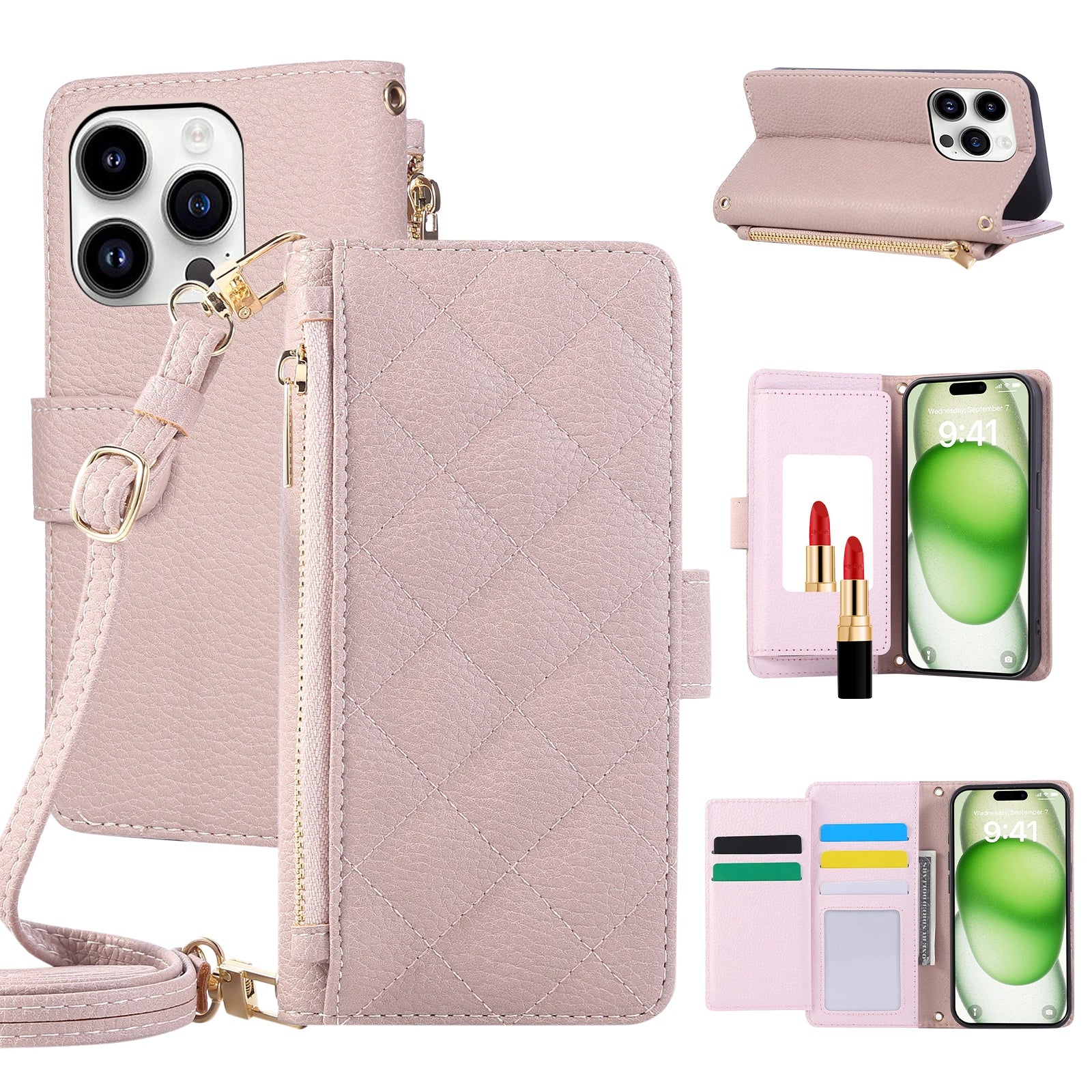 Crossbody Leather Wallet Case with Card Holder for iPhone 15 Series