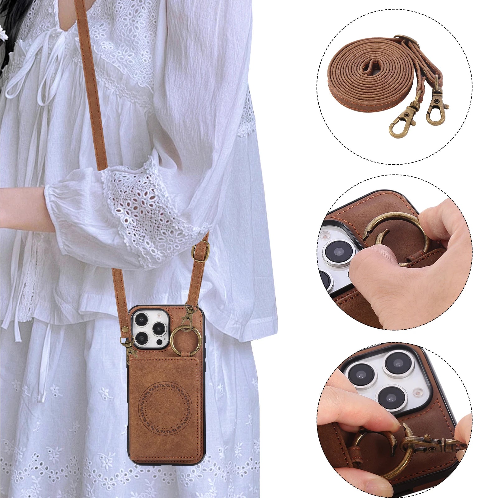 Crossbody Magnetic Leather Wallet Case for iPhone 15 Series
