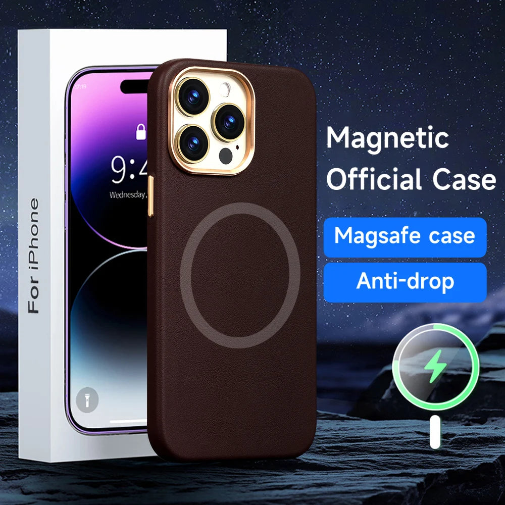 Genuine Leather MagSafe Case & Tempered Glass Protector for iPhone 14