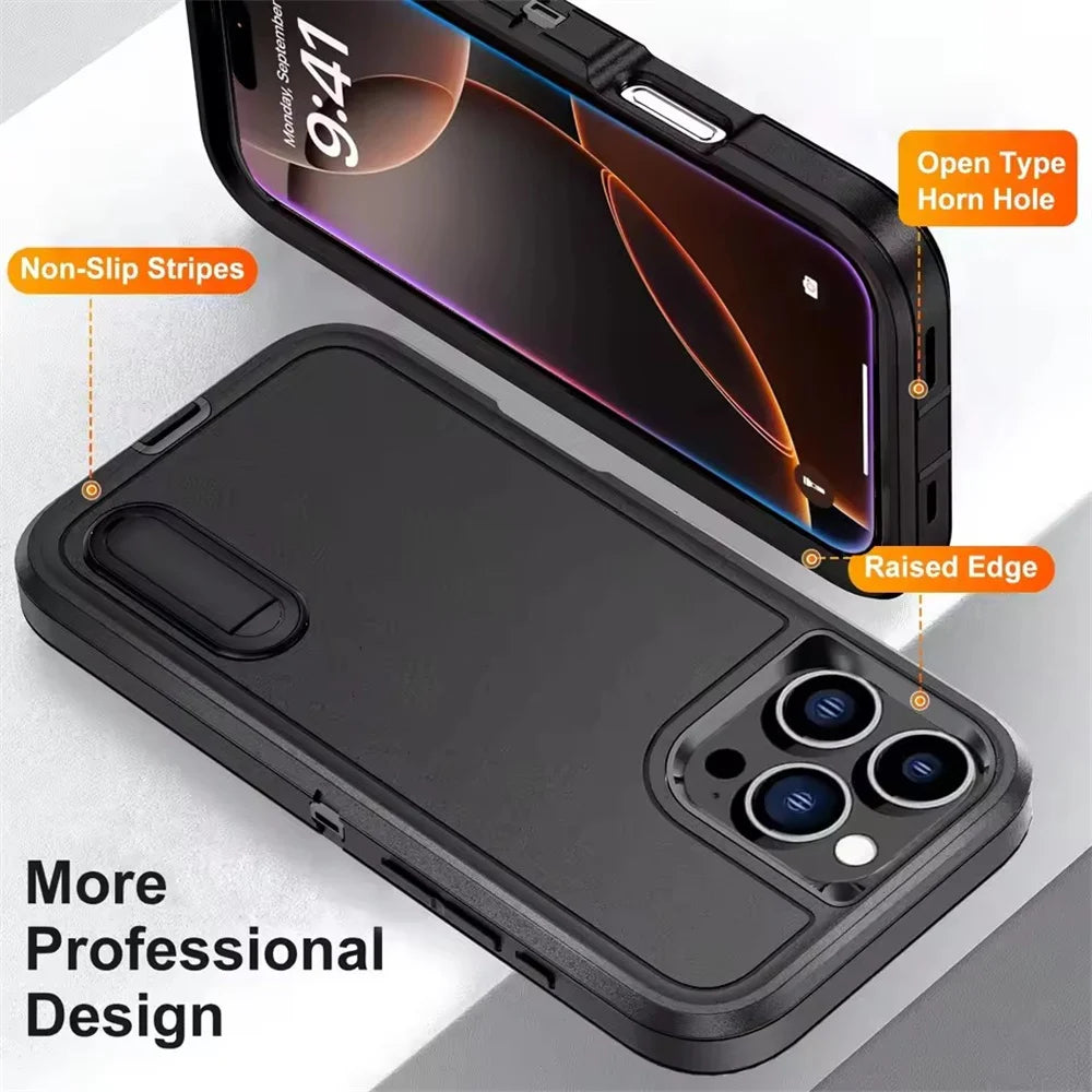 3-in-1 Hybrid Military-Grade Anti-Shock Case with Hard PC Holder for iPhone 16 Series