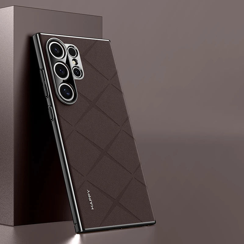 Plaid Grid Leather PU Case with Plating Lens for Samsung Galaxy S24 Series