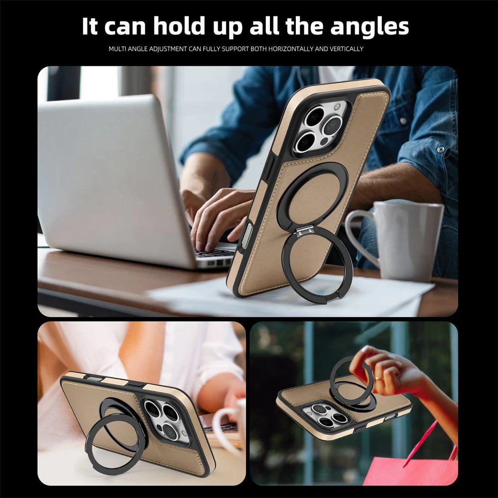 iPhone 16 Series PU Leather MagSafe Case with 360° Rotating Ring Holder