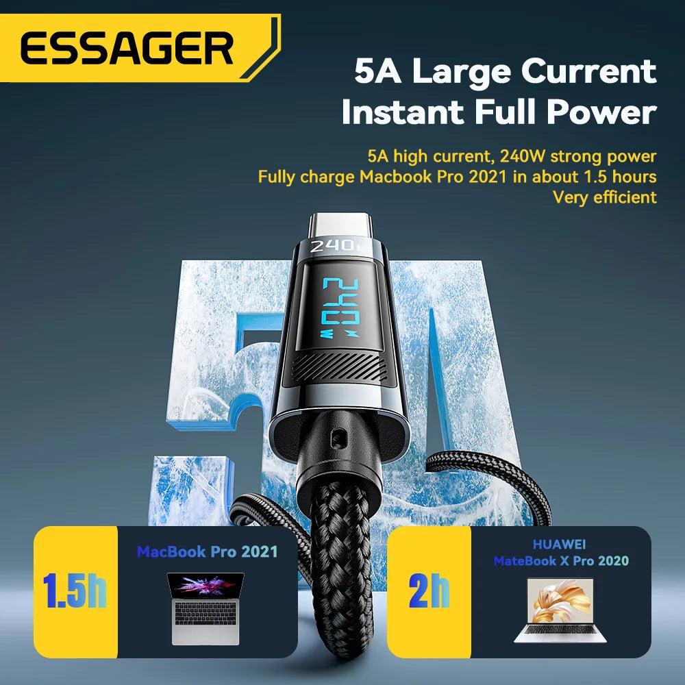 Essager 240W USB-C Fast Charging Cable with LED Display