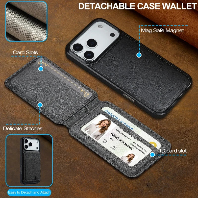 iPhone 17 Series Leather MagSafe Case with Removable Card Cover