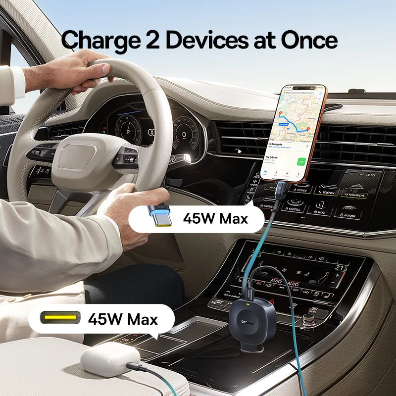 Baseus PrimeTrip VR2 45W Car Charger with Dual Fast Charging and Retractable Cable
