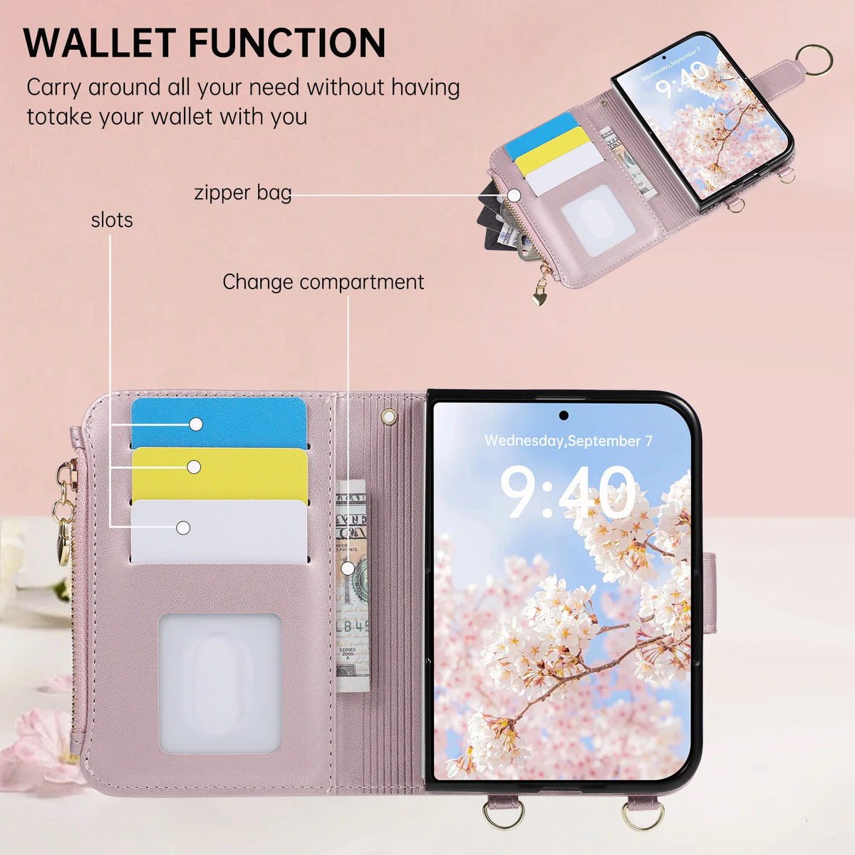 Leather Diamond-Quilted Crossbody Wallet Case with Detachable Long Lanyard Strap for iPhone Duo
