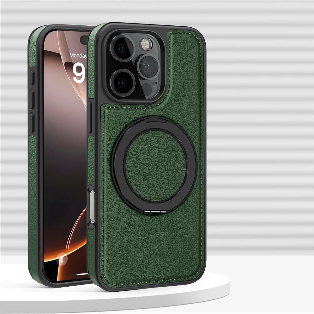 iPhone 16 Series PU Leather MagSafe Case with 360° Rotating Ring Holder