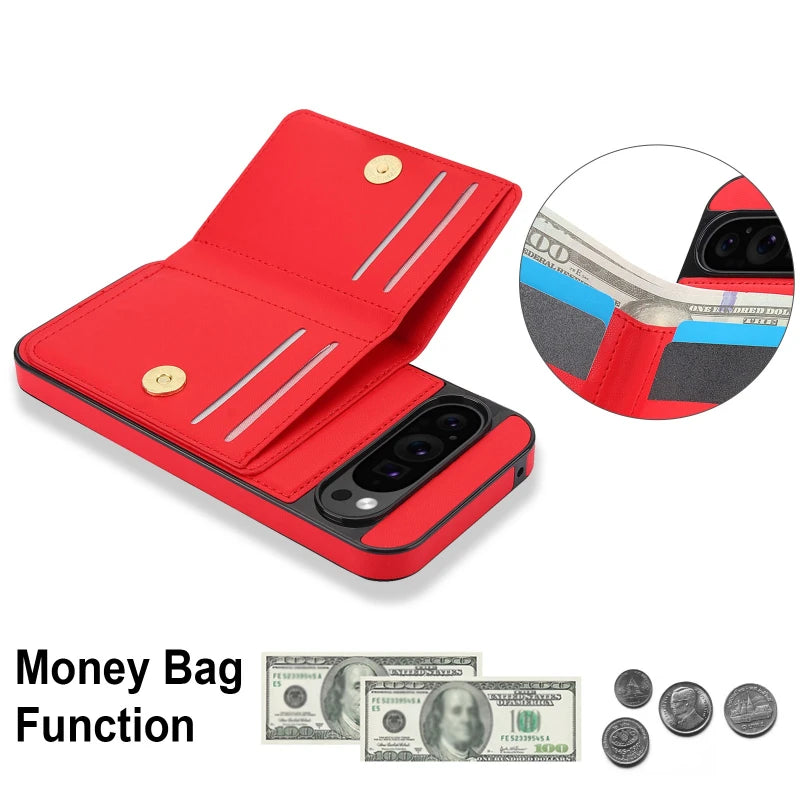 Google Pixel 10 Series Leather Case with Card Holder and Kickstand