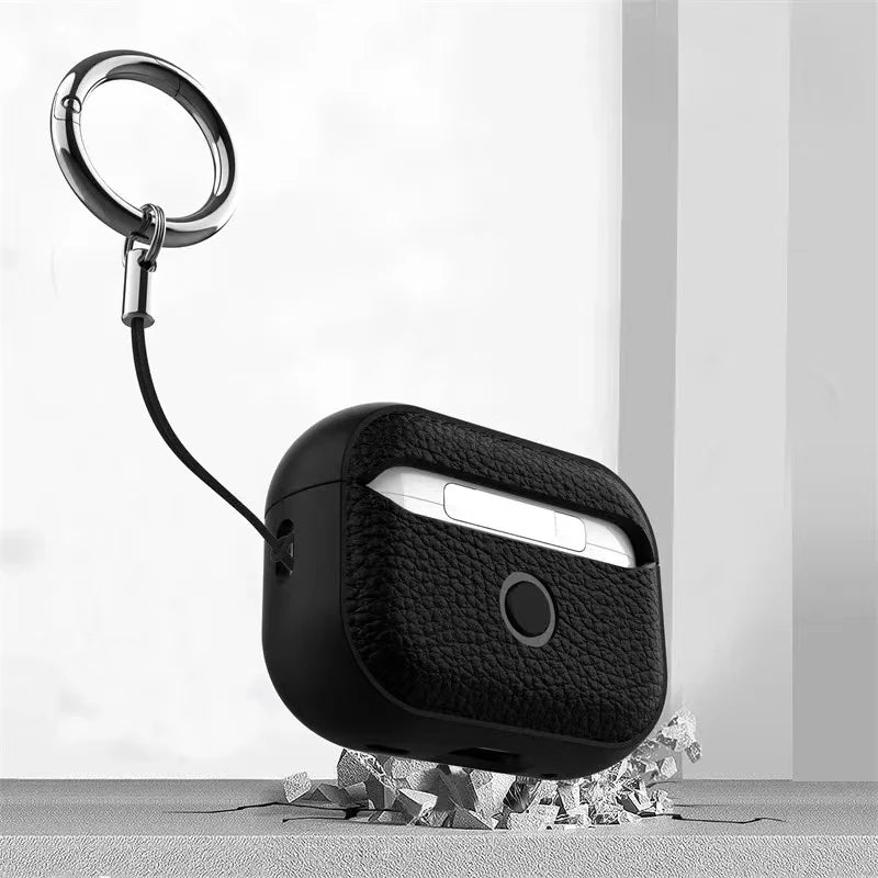 Textured Leather Carabiner Keychain Case with Charging Support for AirPods Pro 2