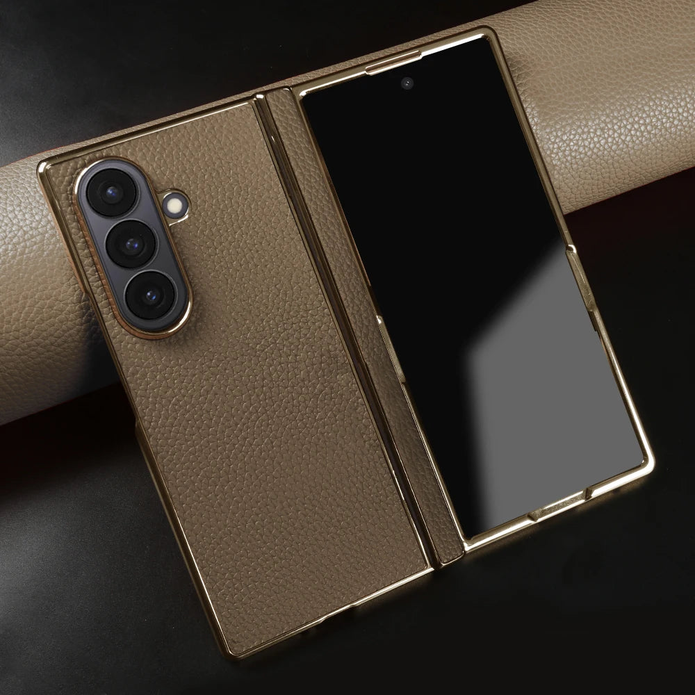 Genuine Leather Case with Raised Camera Protection Ring for Samsung Galaxy Z Fold 7