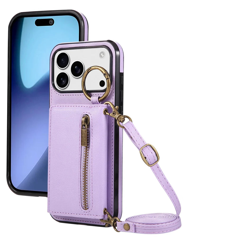 Multi-Functional Crossbody Leather Wallet Case with Ring Holder & Zipper for iPhone 17 Series