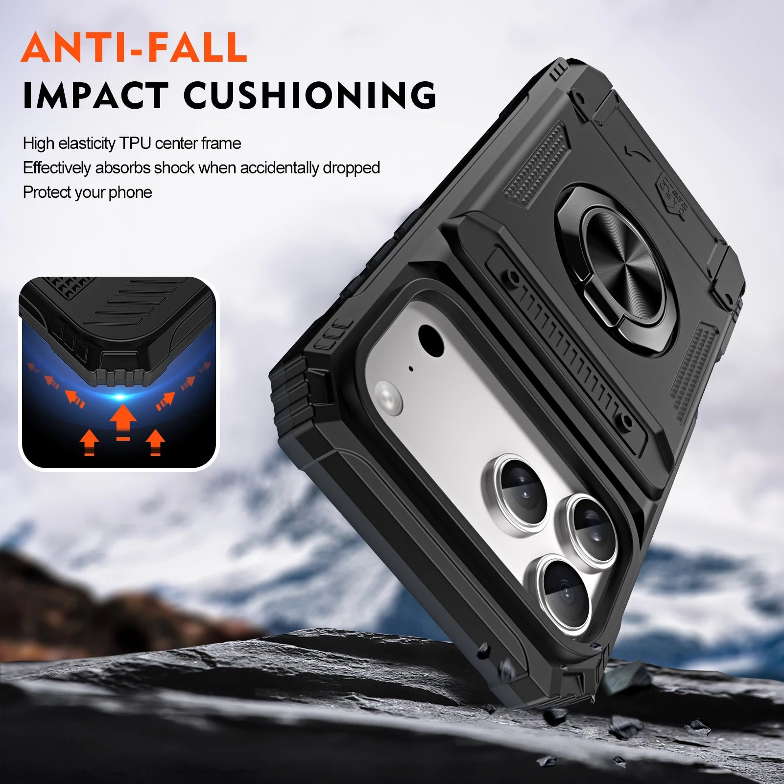 iPhone 17 Series Armor Protective Magnetic Case with Metal Ring Stand & Card Holder Back