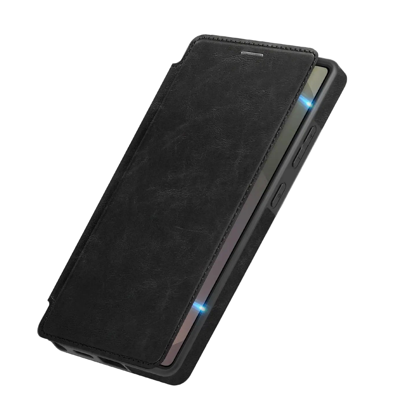 Black phone case with hidden magnetic closure feature on a white background