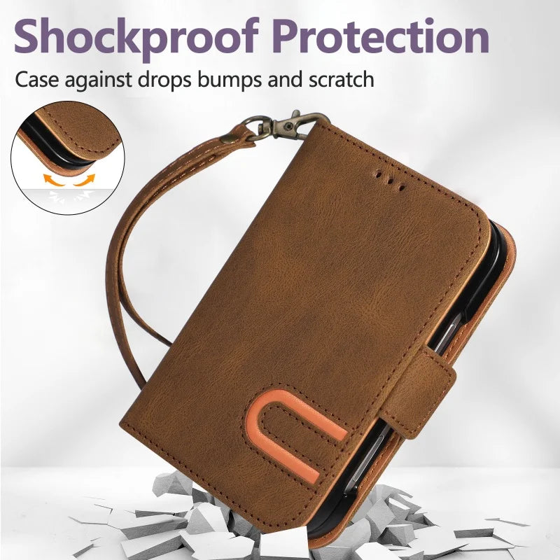 Leather Flip Wallet Case with U-Shaped Magnetic Buckle for iPhone Duo