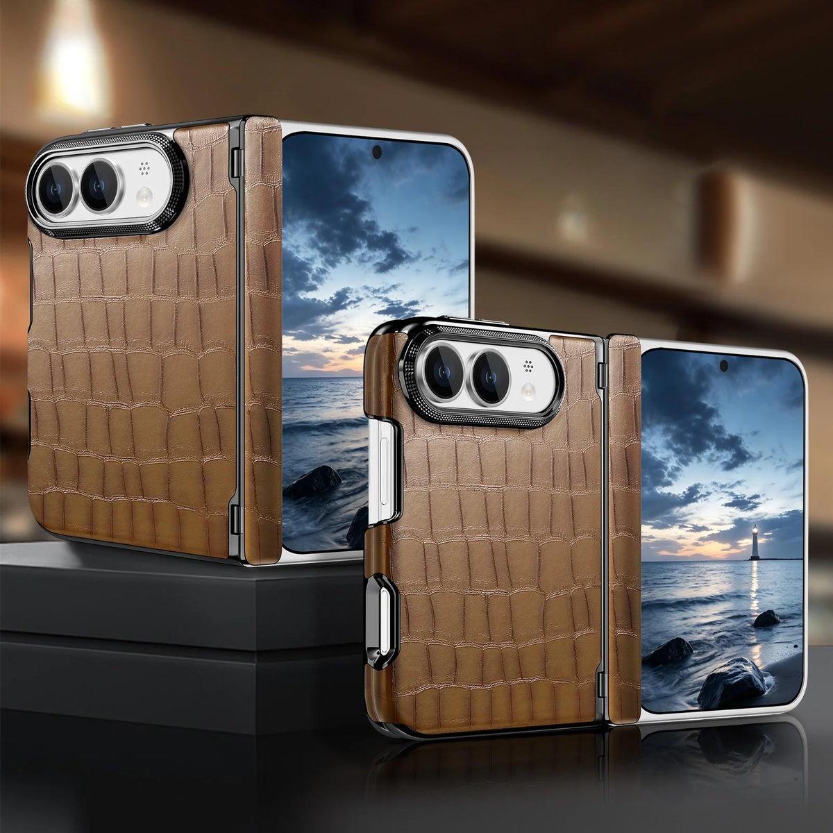 Crocodile Embossed Leather Case with Camera Lens Protection Ring for iPhone Duo