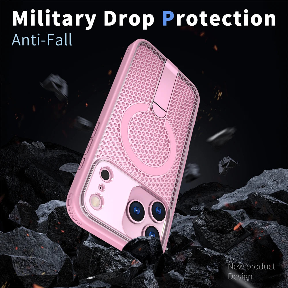 Honeycomb Mesh Cooling MagSafe Shockproof Armor Case with Alloy Bracket for iPhone 17 Series