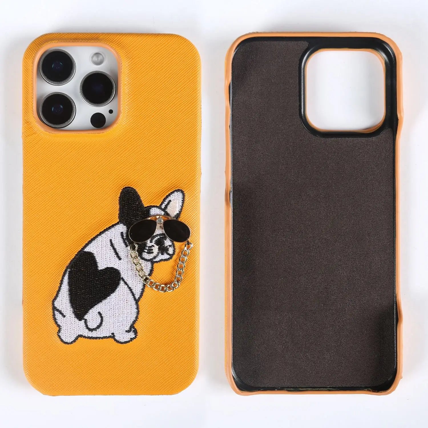 iPhone 16 Series Real Cowhide Leather Case with Embroidered Dog Design