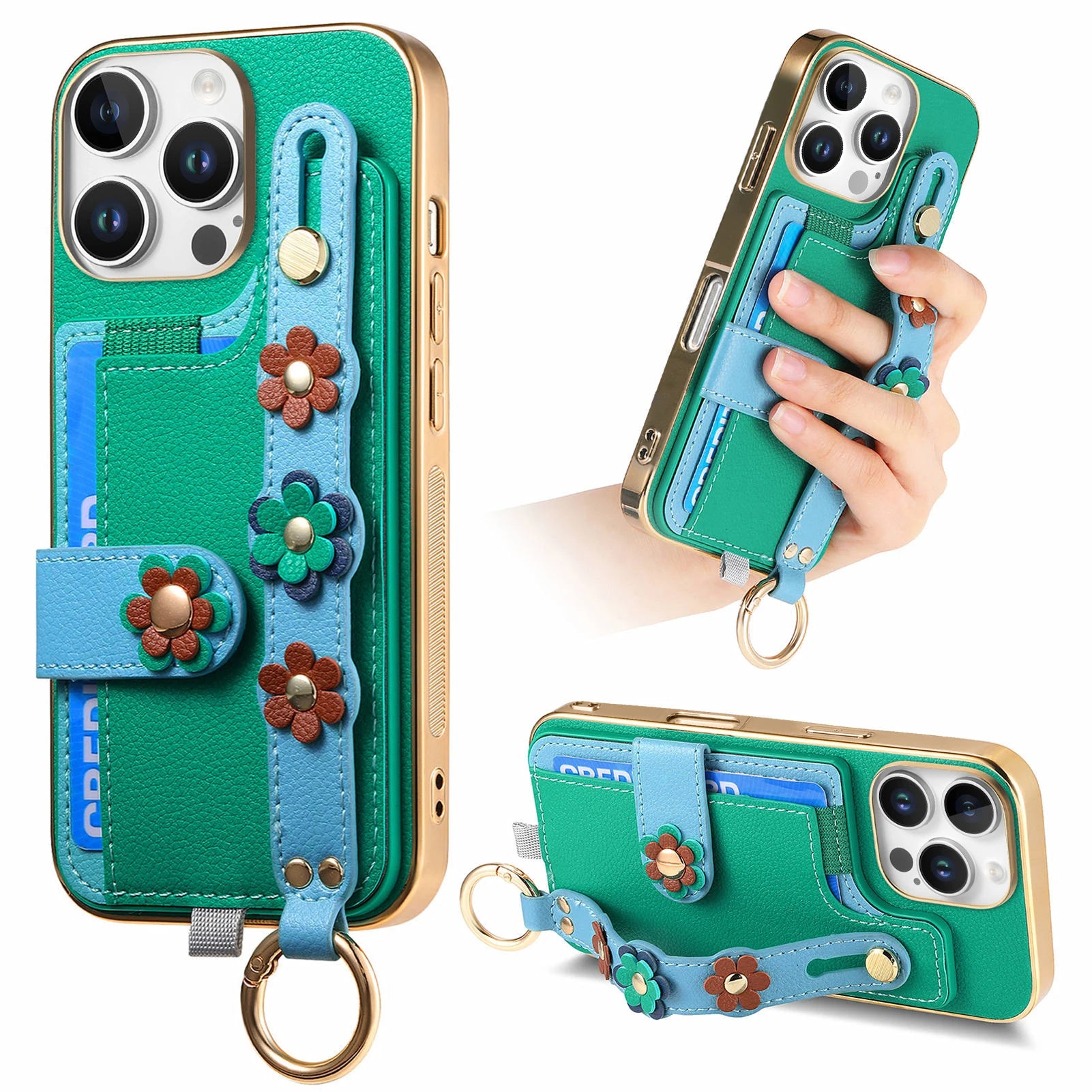 Shockproof Leather Wallet Case with Wrist Strap for iPhone 16 Series