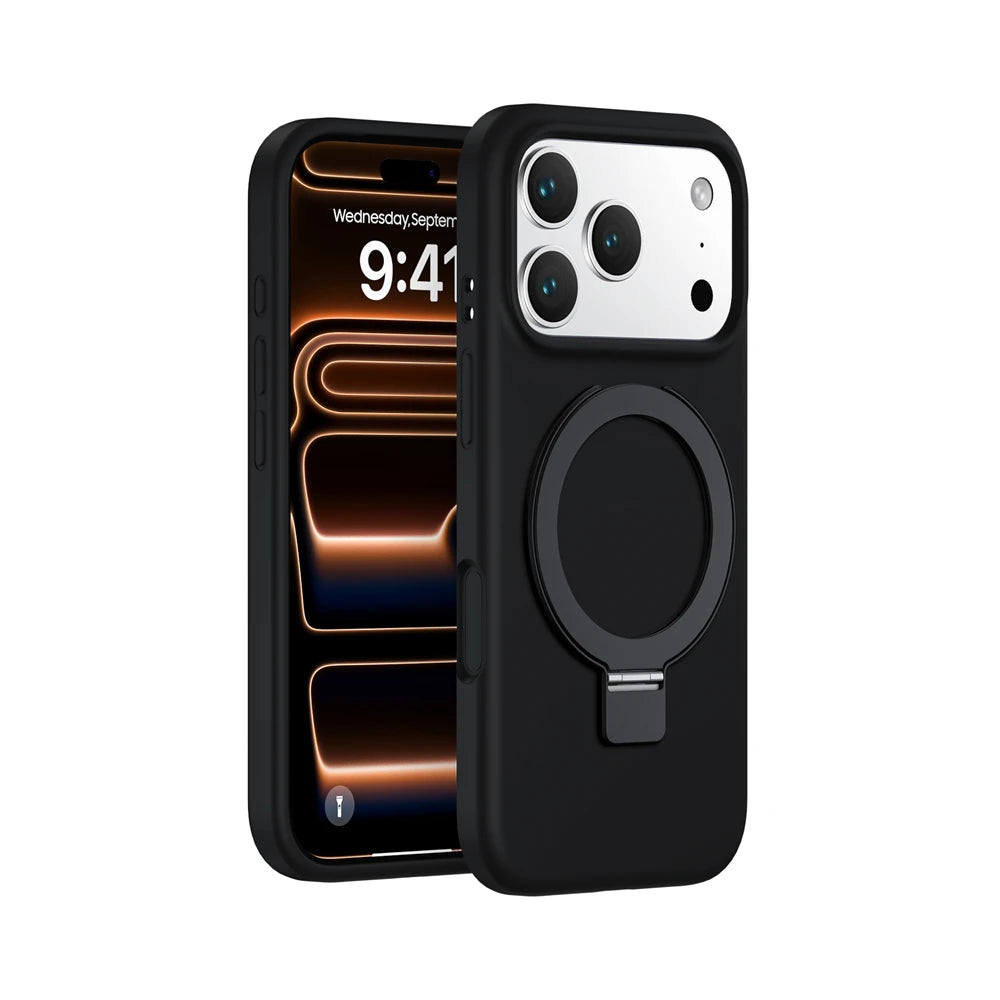 Matte Liquid Silicone Magnetic Case with Rotating Ring Holder for iPhone 17 Series