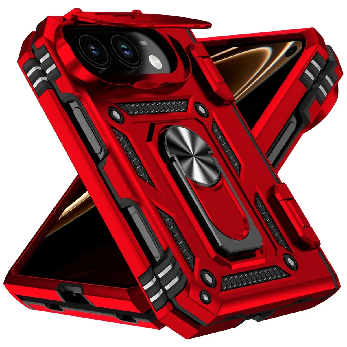 Military-Grade Case with Flip Camera Cover and Rotating Ring Stand for iPhone Duo