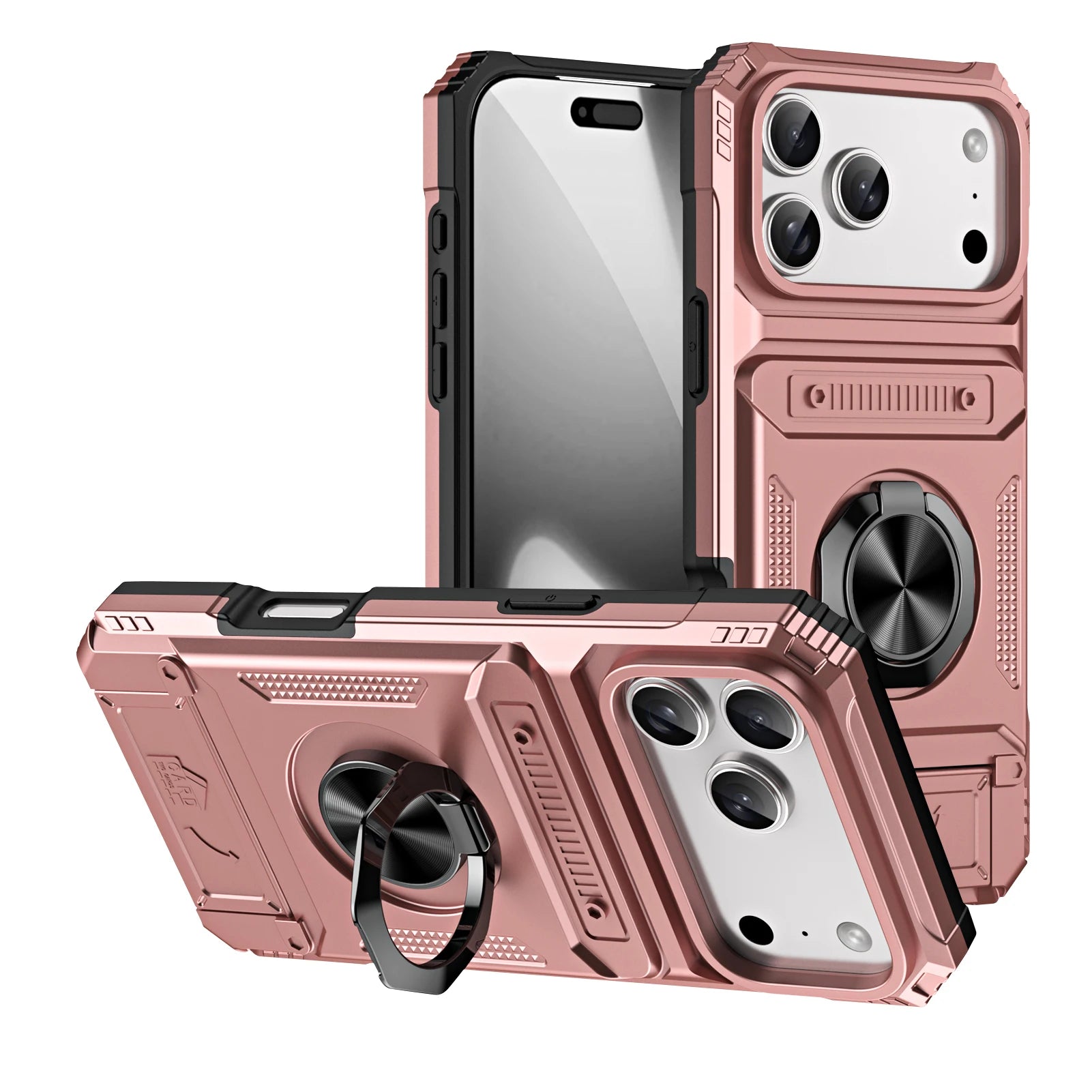 iPhone 17 Series Armor Protective Magnetic Case with Metal Ring Stand & Card Holder Back