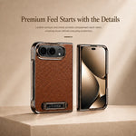 Leather-Texture Electroplated Kickstand Case with Metal Built-In Stand for iPhone Duo