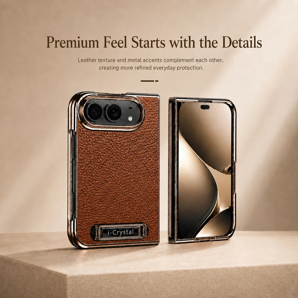 Leather-Texture Electroplated Kickstand Case with Metal Built-In Stand for iPhone Duo