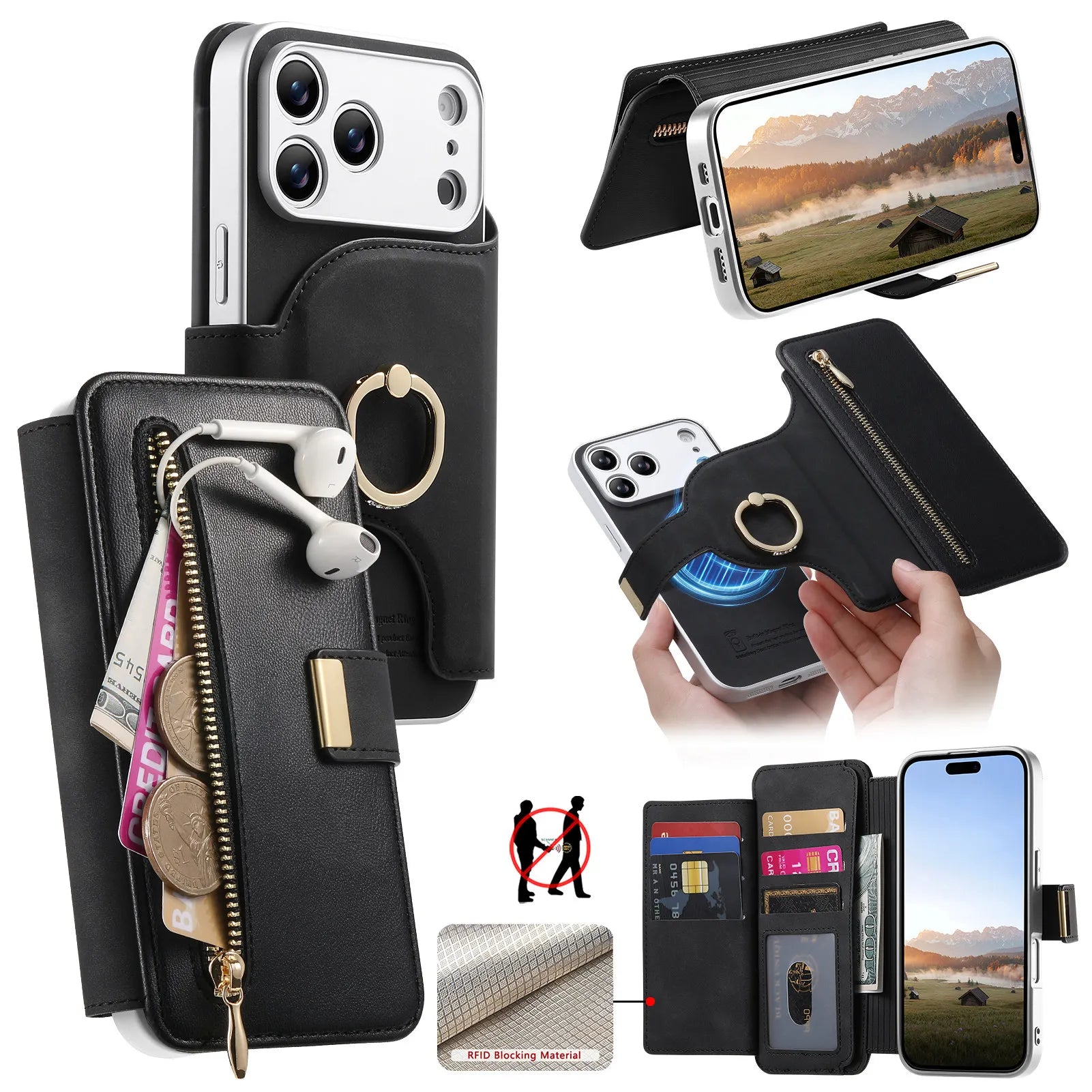 2-in-1 Detachable MagSafe Leather Wallet Case with Ring for iPhone 17 Series