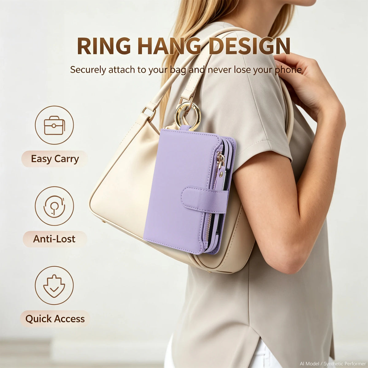 Zipper Wallet Case with Ring Hanger and Card Slots for iPhone Duo