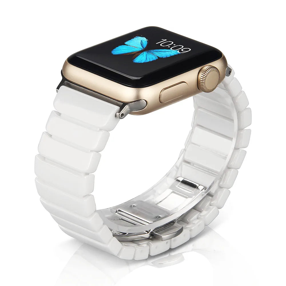 Ceramic Link Bracelet Band with Butterfly Clasp for Apple Watch