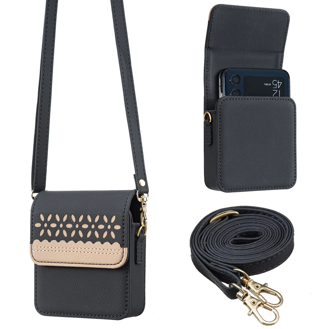 Luxury Embossed Small Flower Leather Bag Case with Long Lanyard for Samsung Galaxy Z Flip 6
