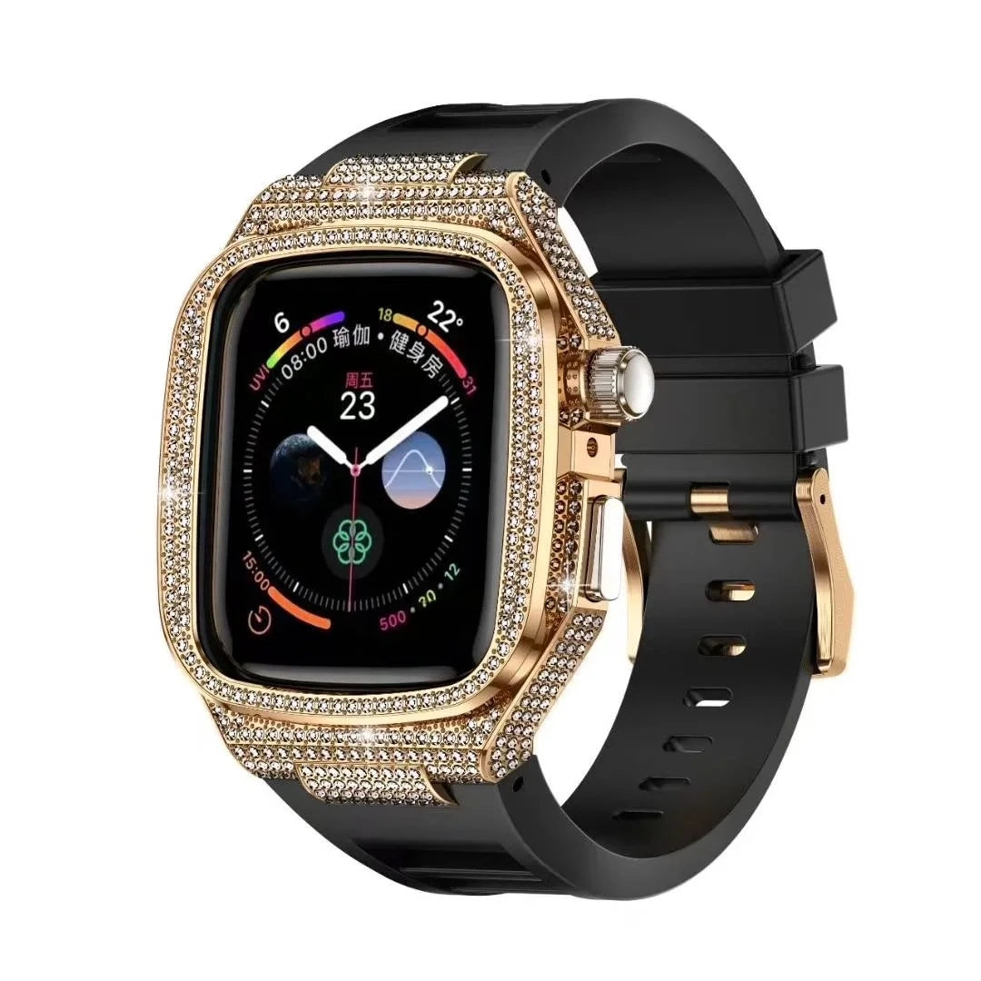 Diamond-Encrusted Stainless Steel Case with Rubber Strap for Apple Watch