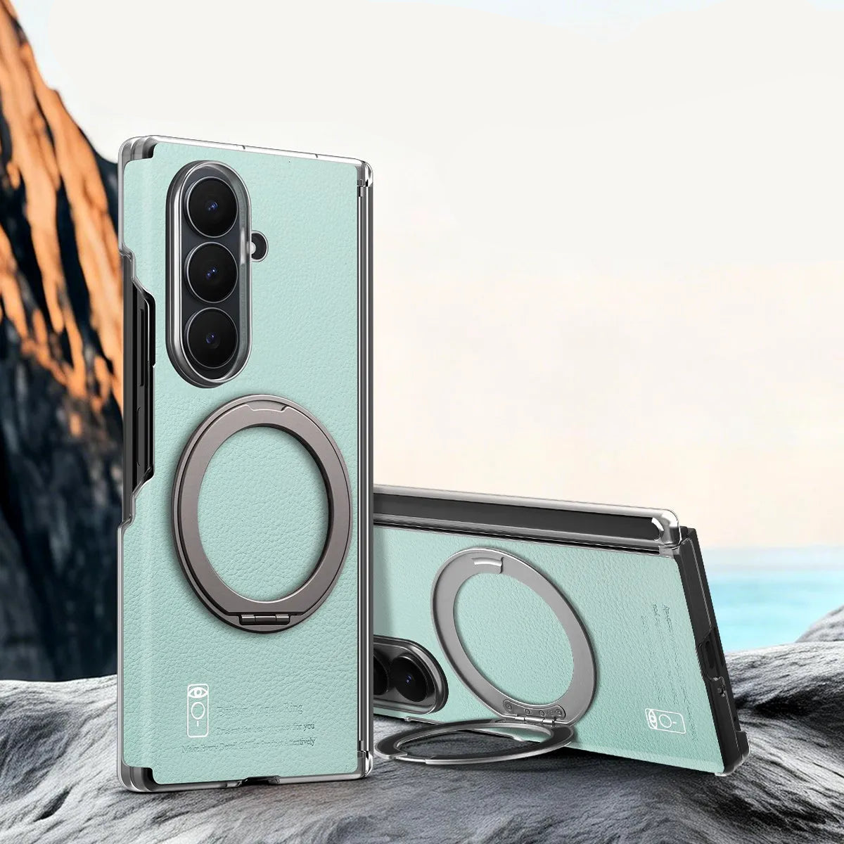 Textured Leather Shockproof Kickstand Case with 360° Rotating Ring for Samsung Galaxy Z Fold 7