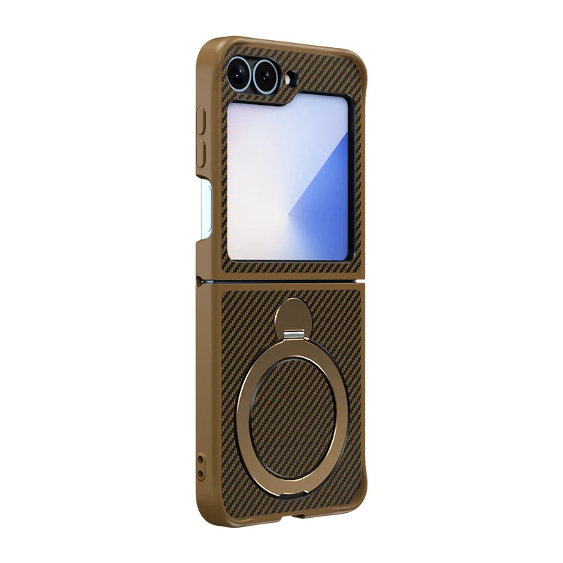 Carbon Fiber Leather Case with Rotating Ring Bracket for Samsung Galaxy Z Flip 6